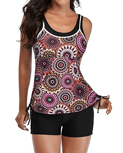 From Casual To Classy Swim Top Drawstring Boyshorts 2 Piece Tankini Swimsuits-Brown Print