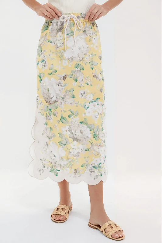 Chic Wardrobe Essentials Yellow Floral Acacia Scallop Midi Skirt