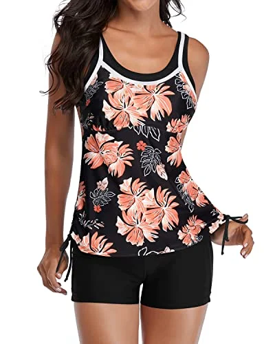 All Season Basics Discount Women's Two Piece Tankini Swimsuits Shorts Athletic Bathing Suits-Black Orange Floral