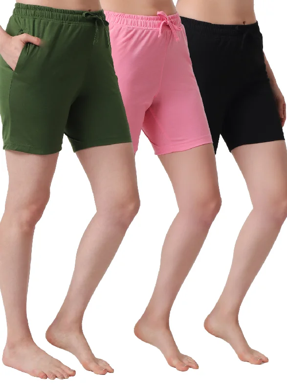 Huge Discounts This Week T.T. Women Regular Fit Poly Jersey Solid Short Pack Of 3-Black-Olive-Pink