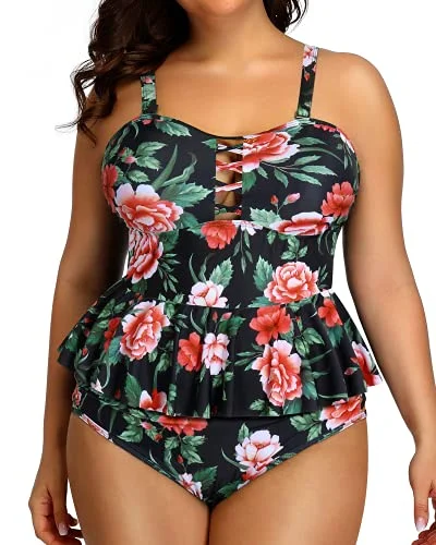 Chic And Trendy Removable And Adjustable Shoulder Straps Plus Size Swimsuits For Women-Black Floral