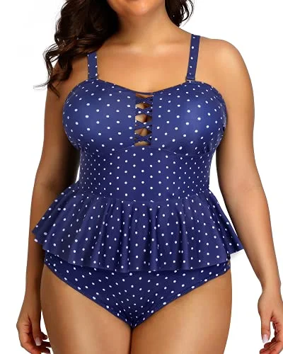 Trendy Pulse High Waisted Bikini Bottoms Plus Size Swimsuits For Women-Navy Blue Polka Dot