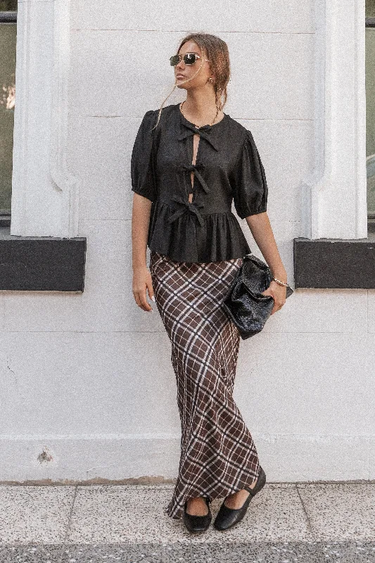 Feminine Charm Sandra Midi Skirt - Brown Check