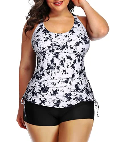 Trend Setting Wardrobe Plus Size Two Piece Ruched Swimsuit Tummy Control-Black And White Tie Dye