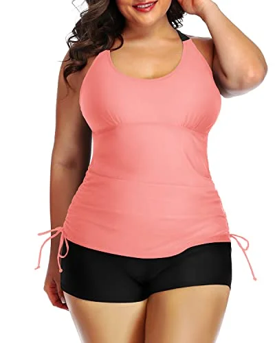 Elegant Simplicity Wardrobe Bathing Suit Top Shorts Athletic 2 Piece Plus Size Tankini Swimsuit-Coral Pink