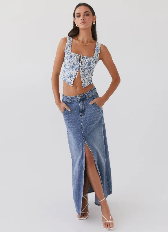 Big Savings On Rustic Countryside Styles Walk This Way Denim Maxi Skirt - Blue