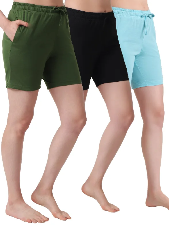 Buy More, Save More T.T. Women Regular Fit Poly Jersey Solid Short Pack Of 3-Black-Olive-Turquoise