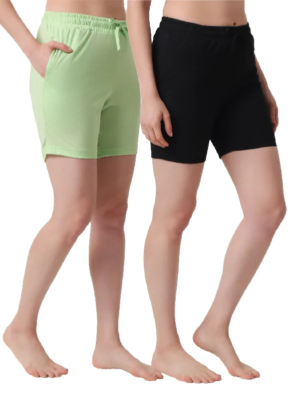 Seasonal Sale T.T. Women Regular Fit Poly Jersey Solid Short Pack Of 2-Black-Green