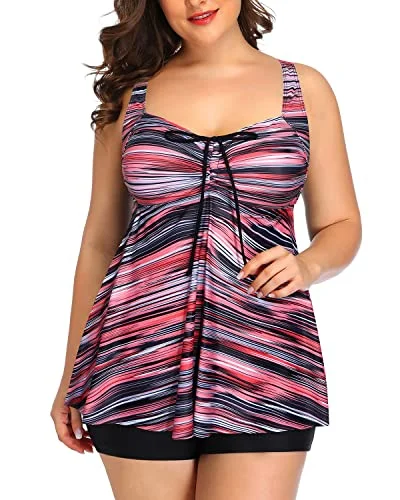 Get The Latest Trends Women's Adjustable Shoulder Straps Plus Size Tankini Swimsuits-Pink Stripe