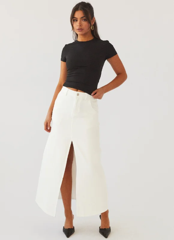 Graceful Movement Walk This Way Denim Maxi Skirt - Bone