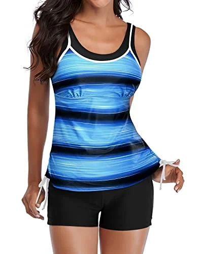 New Season Fashion Preview Sale Slimming Swimwear Adjustable Shoulder Straps 2 Piece Tankini Swimsuits-Blue And Black Stripe