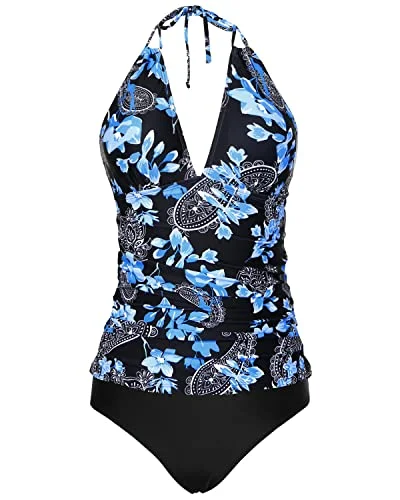 Holiday Glam Halter Tankini Tops Bikini Bottom Two Piece Tummy Control Swimsuit-Black Floral