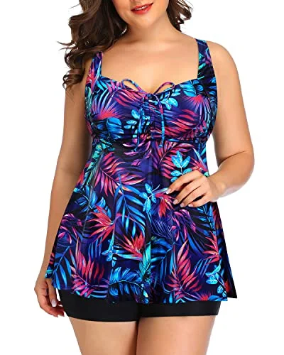 Trendsetter's Closet Tankini Swimsuits Bowknot Plus Size Flowy Swimwear For Women Shorts-Blue Purple Leaves