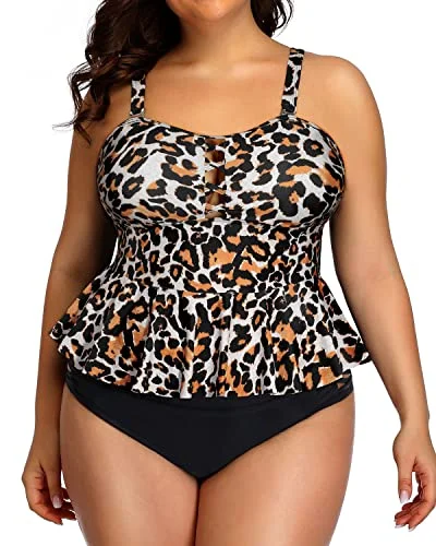 Hot Brand Discounts Peplum Tankini Tops High Waisted Swimwear For Women-Black And Leopard