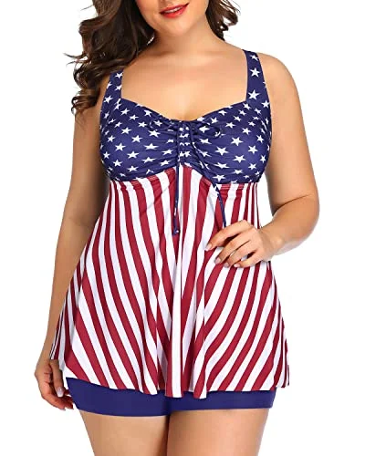 Style Breakthroughs Plus Size Tankini Swimsuits Shorts Flyaway Bathing Suits For Women-Flag