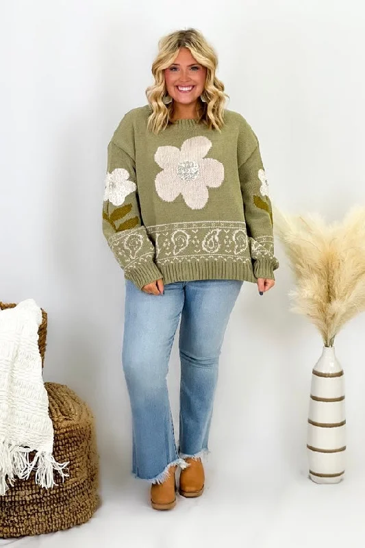 Valentine's Special Olive Chenille Flower Sweater Top