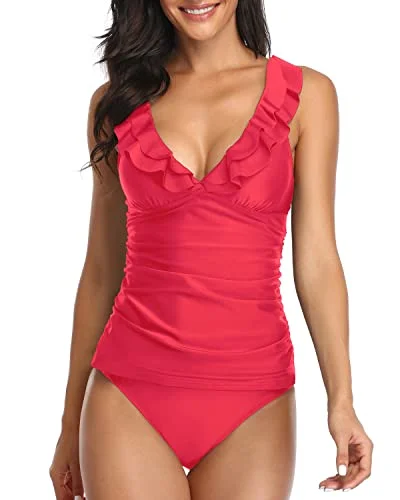 Hot Trends 2 Piece Falbala Ruffle Flounce Tankini Swimsuits Deep V Neck Swimwear-Red