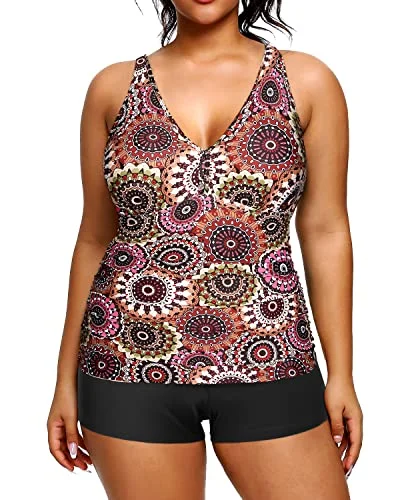 Day To Night Styles Athletic Women's Plus Size Swimwear High Waisted Bottom Tankini Sets-Brown Print