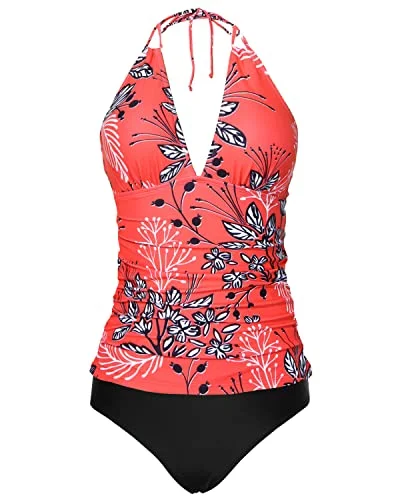 Stylish Statements Backless Halter Tankini Swimsuits Bikini Bottom For Women-Red Floral