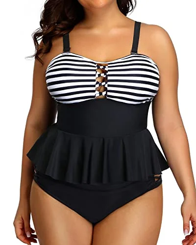 Limited Stock, Big Sale Plus Size Lace Up Tummy Control Tankini Swimsuits For Women-Black And White Stripe