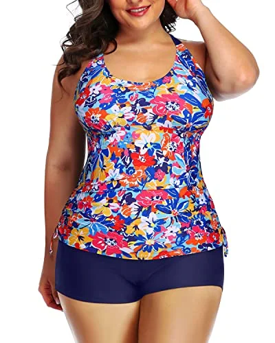 Dive Into Trendy Women's Fashion Athletic 2 Piece Plus Size Tankini Swimsuit Bathing Suit Top Shorts-Colorful Flower