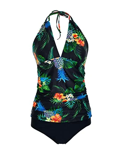 Enjoy Discount Halter Tankini Swimsuits V Neck Tops Bikini Bottom Tummy Control Bathing Suits-Black Pineapple