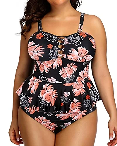 Trendy New Clothes Plus Size Peplum Tankini Tops High Waisted Swimwear-Black Orange Floral