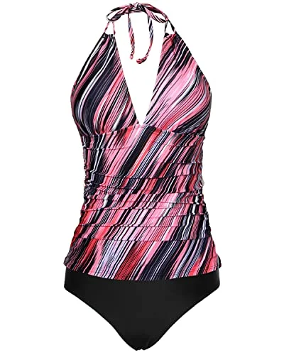 Trendy Women's Wear Collection Open Back Halter Tankini Swimsuits Tummy Control Bathing Suits-Pink Stripe