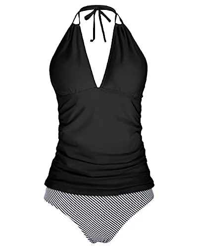 Your Timeless Wardrobe Awaits Tummy Control Bathing Suits Self-Tie Adjustable Straps Two Piece Tankini-Black Stripe