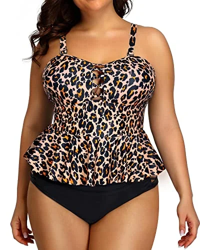 Flash Sale Now Retro Ruffle Tankini Tops Lace Strappy Sides Bikini Bottoms For Women-Brown Leopard