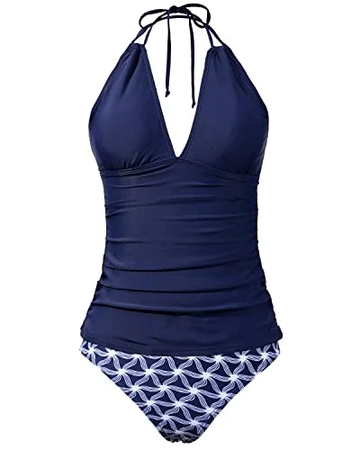 Trend Leading Collection Halter Tankini Tops V Neck Bikini Bottom Tummy Control Two Piece Swimsuit-Navy Blue Tribal