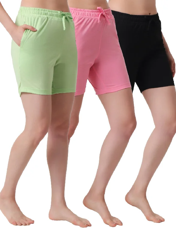 Catch Every Fashion Trend T.T. Women Regular Fit Poly Jersey Solid Short Pack Of 3-Black-Green-Pink