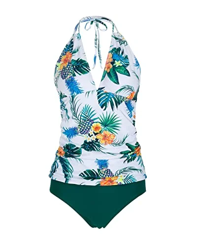 Eclectic Style Wardrobe Fashionable Two Piece Halter Tankini V-Neck For Women-White Pineapple