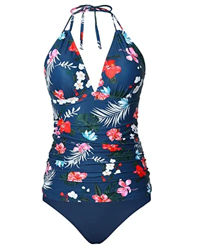 Fashion Deal Women's V Neck Tankini & Bikini Bottom Tummy Control Swimsuit-Navy Blue Floral