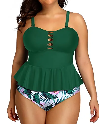 Insane Discount Onslaught Women's Criss Cross Two Piece Swimsuit Removable Straps-Green Tropical Floral