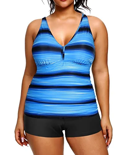 Trend Alert High Waisted Plus Size Tankini Shorts Bathing Suits-Blue And Black Stripe