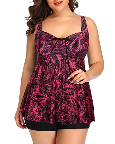 Trendy Threads Flyaway Plus Size Tankini Swimsuits For Women Shorts-Red Paisley