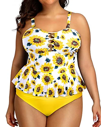 Best Sellers Lace Up High Waisted Swimwear For Women Bandeau Top-Yellow And Sunflower