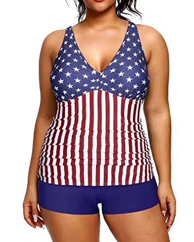 Latest Fashion Tummy Control Plus Size Tankini Shorts Swimsuits For Women-American Flag