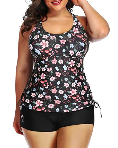 Comfort First Women's Wear Athletic Two Piece Swimwear Shorts For Plus Size-Black And Pink Floral