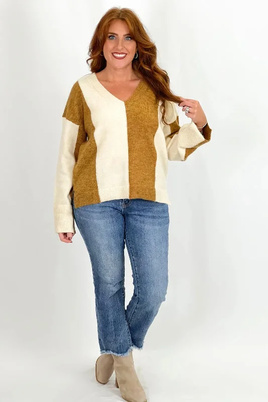 Seasonal Sale Light Camel Wide Stripe V-Neck Sweater