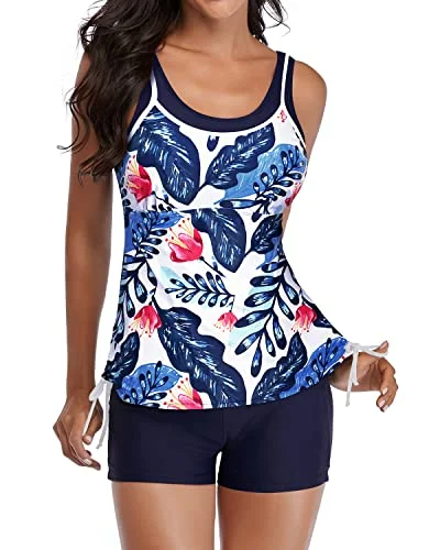 Seasonal Style Discounts Women's Tankini Swimsuits Shorts Athletic Bathing Suits Slimming Swimwear-White And Blue Floral