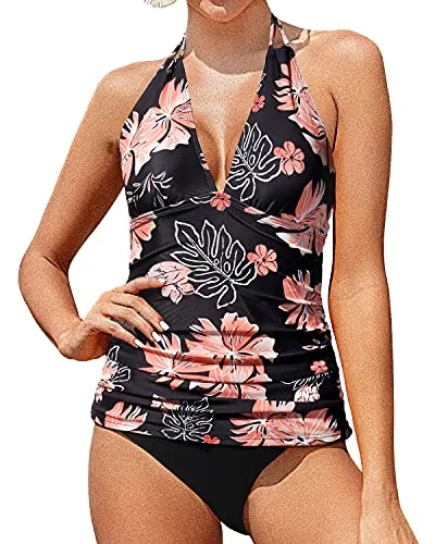 Fashion Sale Halter Tankini Swimsuits V Neck Tummy Control Bathing Suits-Black Orange Floral