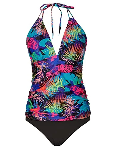 Mega Sale Halter Tankini Swimsuits V Neck Tops And Bikini Bottom Tummy Control-Colorful Leaves