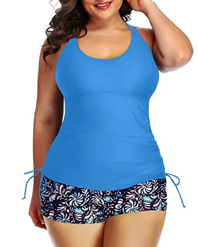 Trendy Street Style Attire Plus Size Strappy Tankini Top Boyleg Shorts Two Piece Ruched Swimsuit-Light Blue