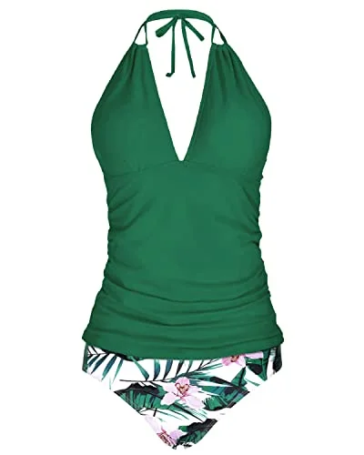 Style Redefined Open Back Halter Tankini Swimsuits V Neck Tops Bikini Bottom-Green Tropical Floral