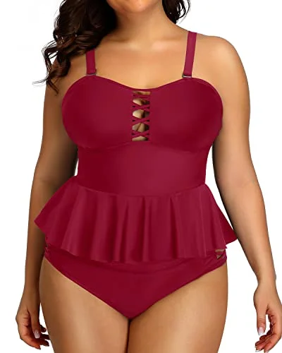 New Styles Just In Lace Up Two Piece Bathing Suits For Women Tummy Control-Red