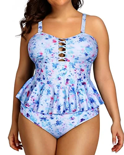 Season Offer Lace Up Peplum Tankini Tops High Waisted Swimwear For Women-Blue Tie Dye