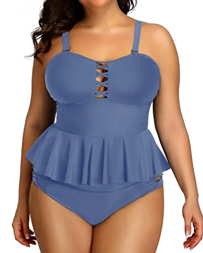 Special Offers, Don't Miss Women's Vintage Ruffle Tankini Swimsuit Top Lace Strappy Sides-Blue