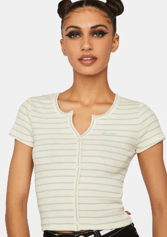 Save On Inspired Styles SS Crop Button Front Striped Tee